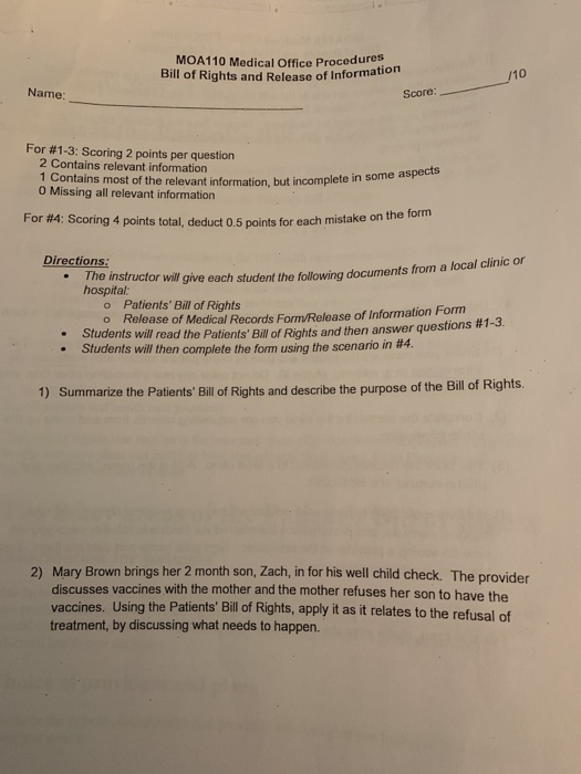 Solved MOA110 Medical Office Procedures Bill Of Rights And | Chegg.com