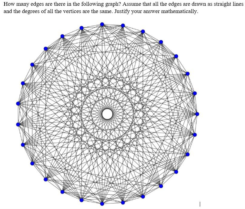 How many edges are there in the following graph? Assume that all the edges are drawn as straight lines and the degrees of all