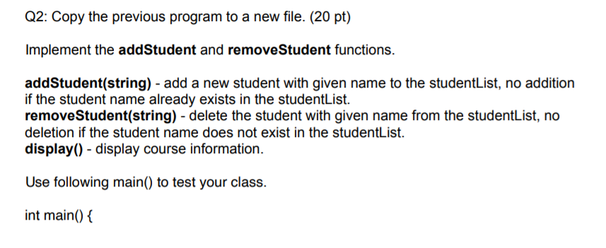 Solved Q1: Implement a Course class as specified: (20 pt) | Chegg.com