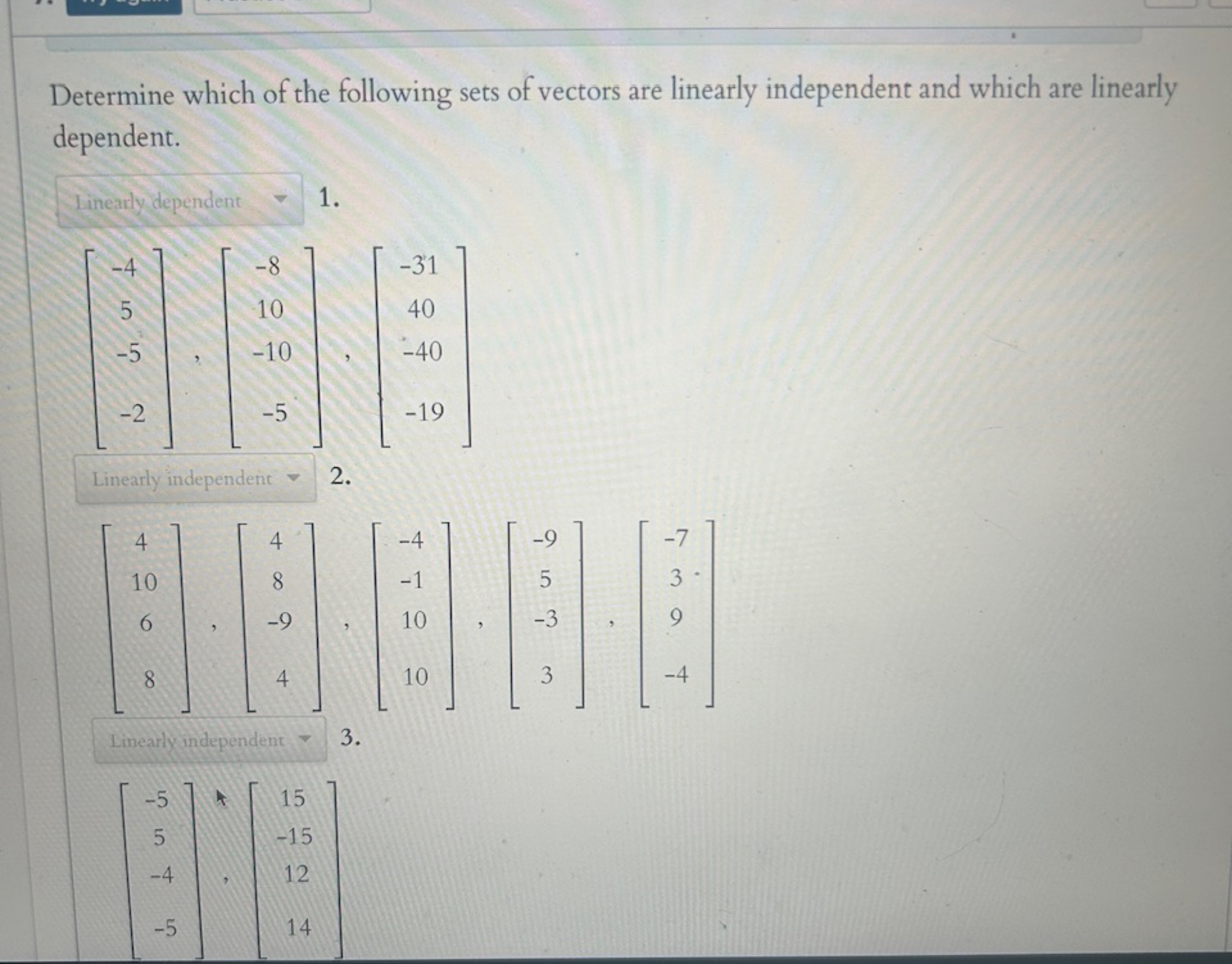 Solved Determine which of the following sets of vectors are | Chegg.com