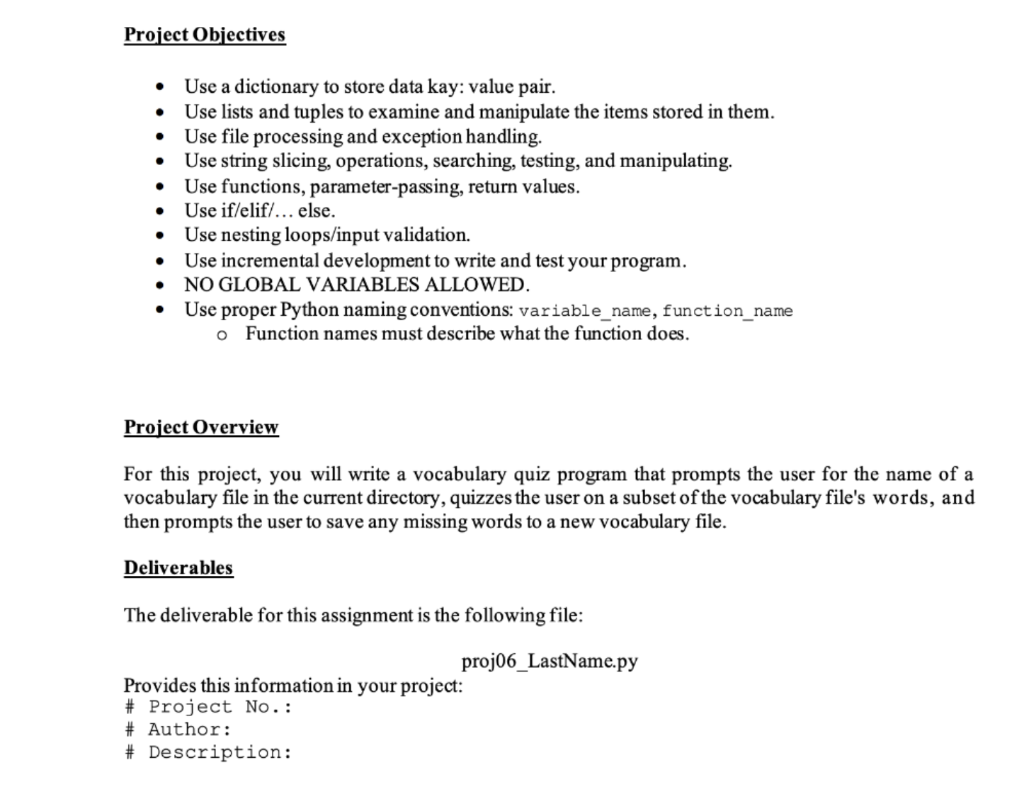 Solved Project Objectives • Use a dictionary to store data | Chegg.com