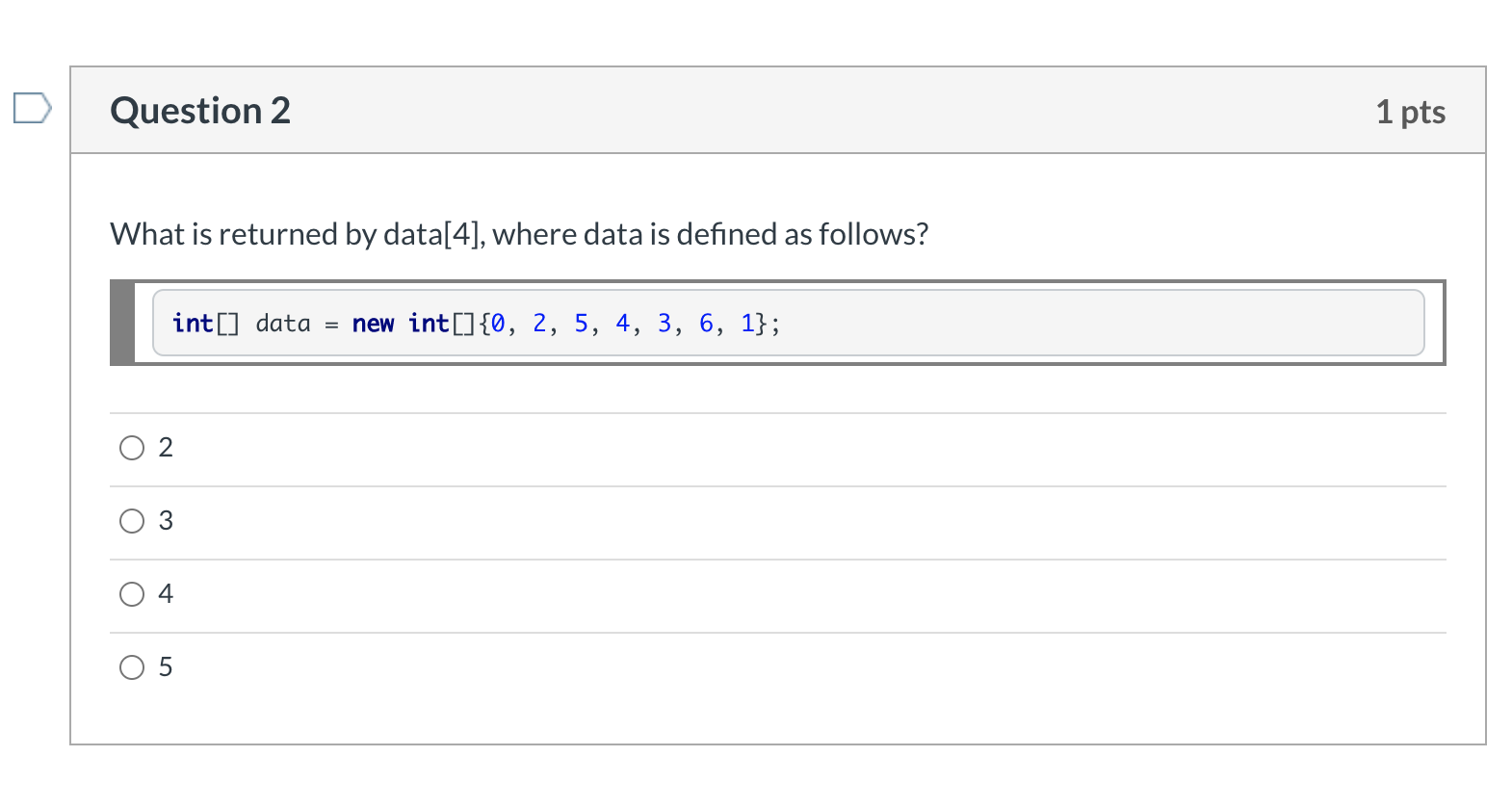 Solved Question 2 1 pts What is returned by data[4], where | Chegg.com
