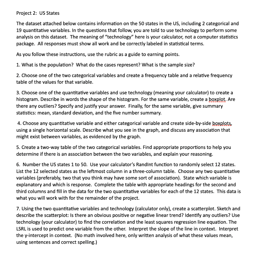 Project 2: US States The dataset attached below | Chegg.com