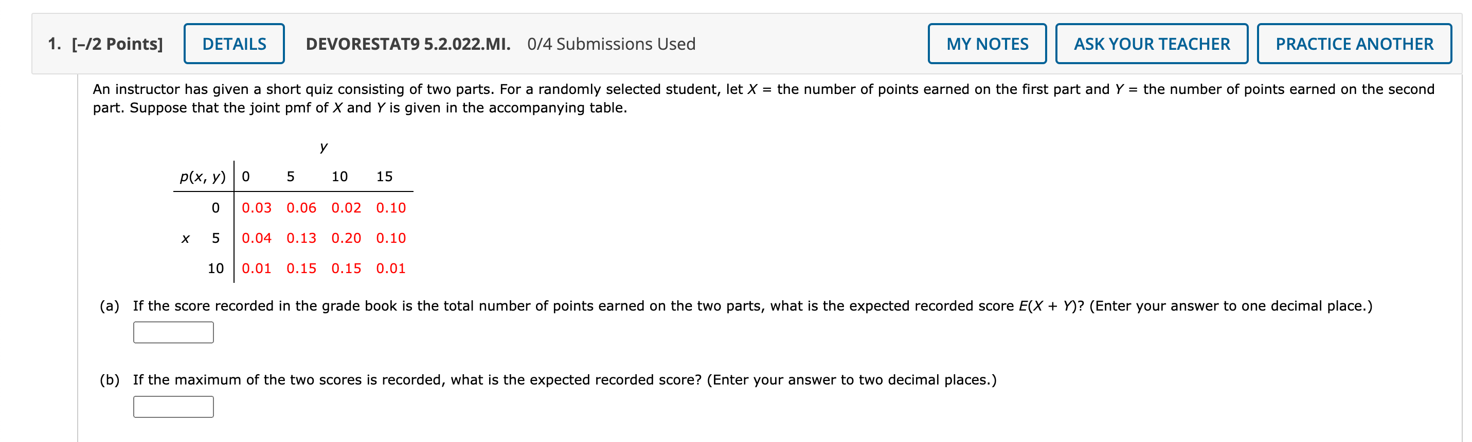 Solved 1. [-/2 Points] DETAILS DEVORESTAT9 5.2.022.MI. 0/4 | Chegg.com