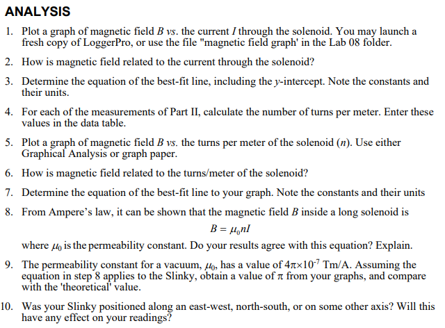 Solved ANALYSIS 1. Plot a graph of magnetic field B vs. the | Chegg.com