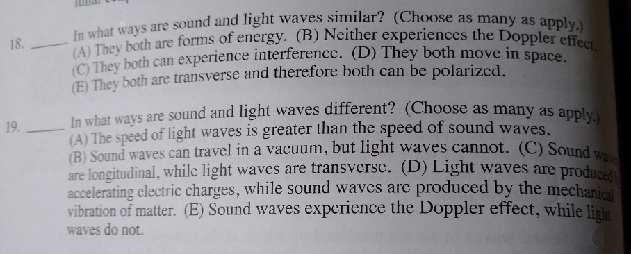 Solved Are Sound And Light Waves Similar? (Choose As Many As | Chegg.com