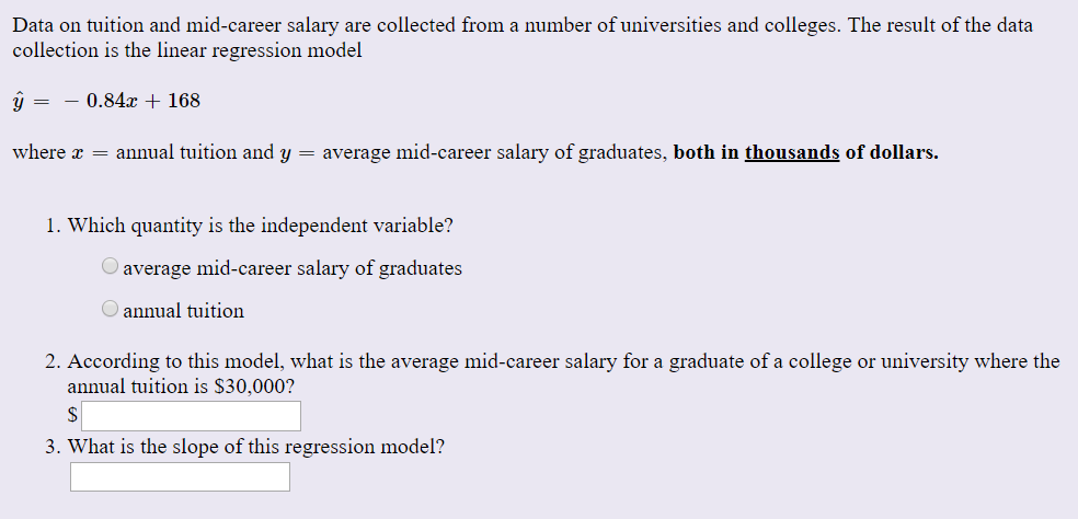 Solved Data on tuition and mid-career salary are collected | Chegg.com