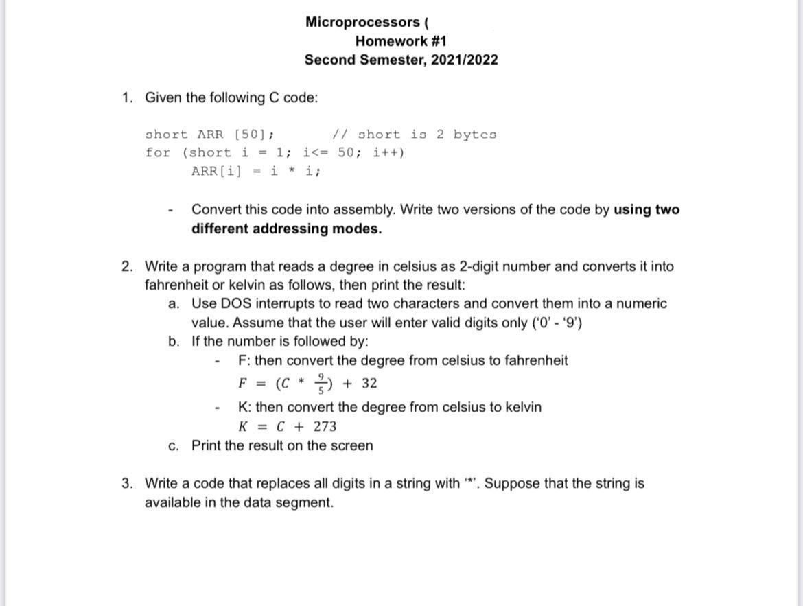 Microprocessors Homework #1 Second Semester, | Chegg.com
