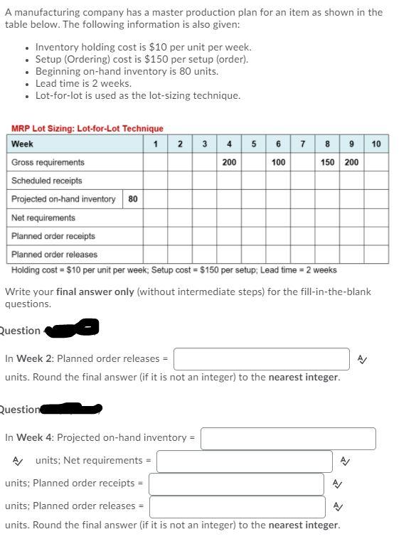Solved A manufacturing company has a master production plan