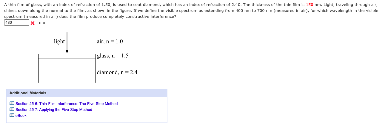 Solved A thin film of glass, with an index of refraction of | Chegg.com