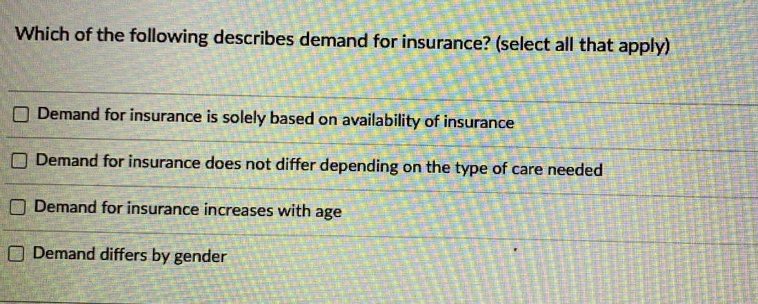 Which of the following describes demand for insurance? (select all that apply) Demand for insurance is solely based on availa