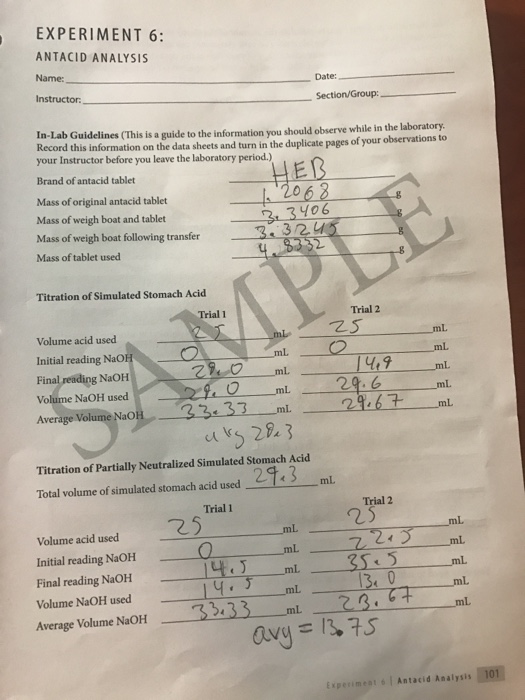 Solved EXPERIMENT 6 ANTACID ANALYSIS Name Instructor Date