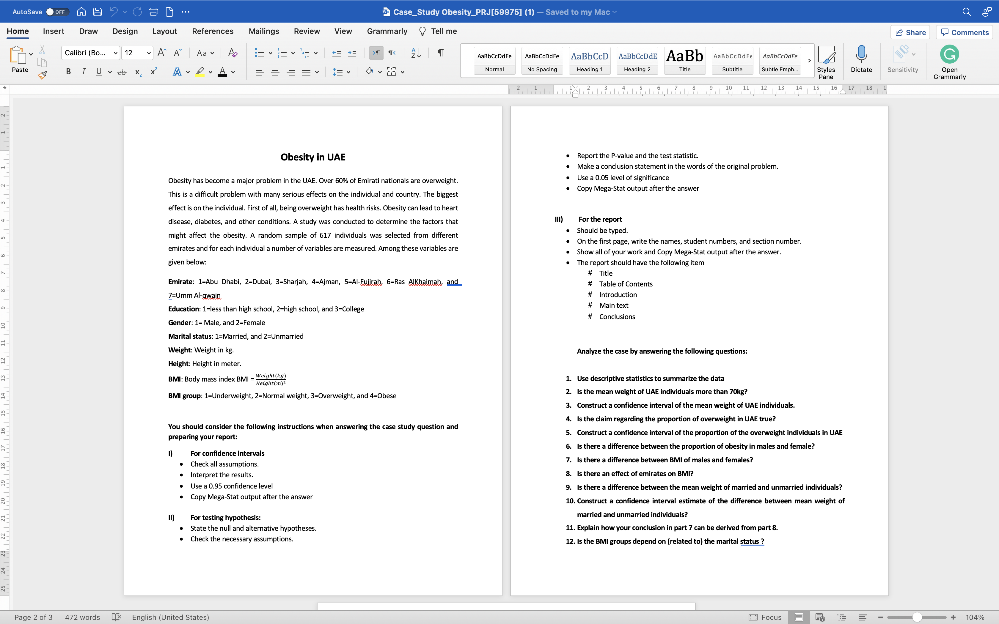 Solved AutoSave OFF w Case_Study Obesity_PRJ[59975] (1) – | Chegg.com