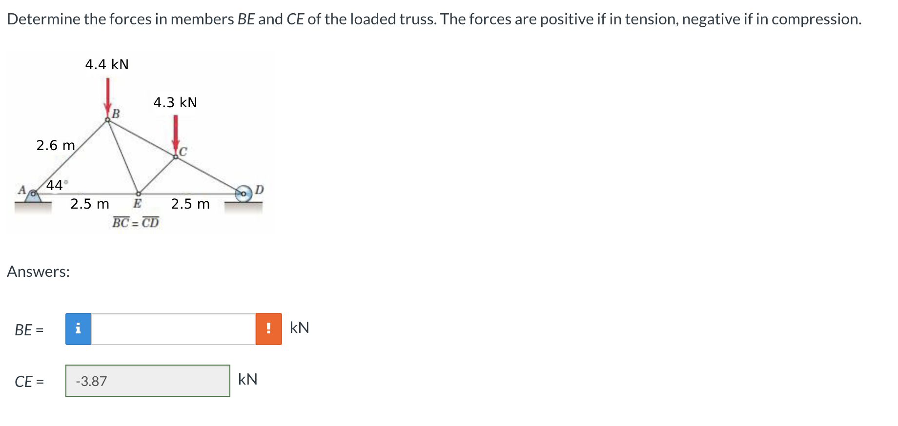 Solved Determine the forces in members BE and CE of the | Chegg.com