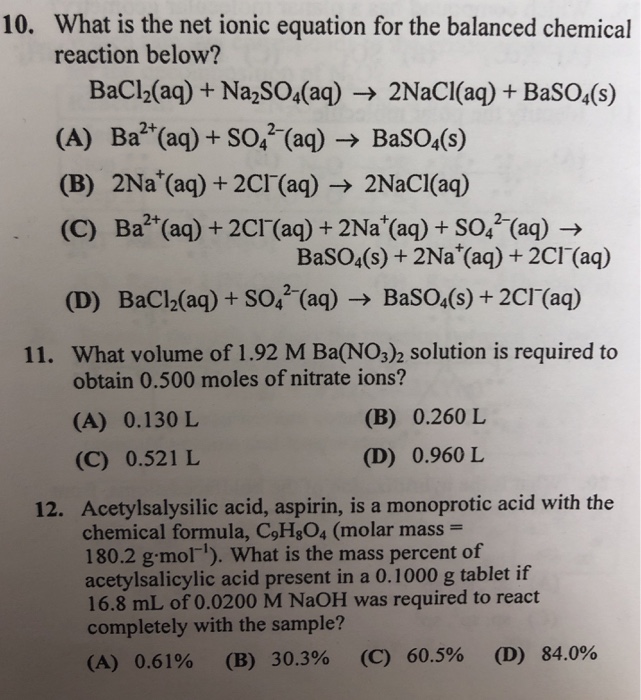 Solved 10. What is the net ionic equation for the balanced