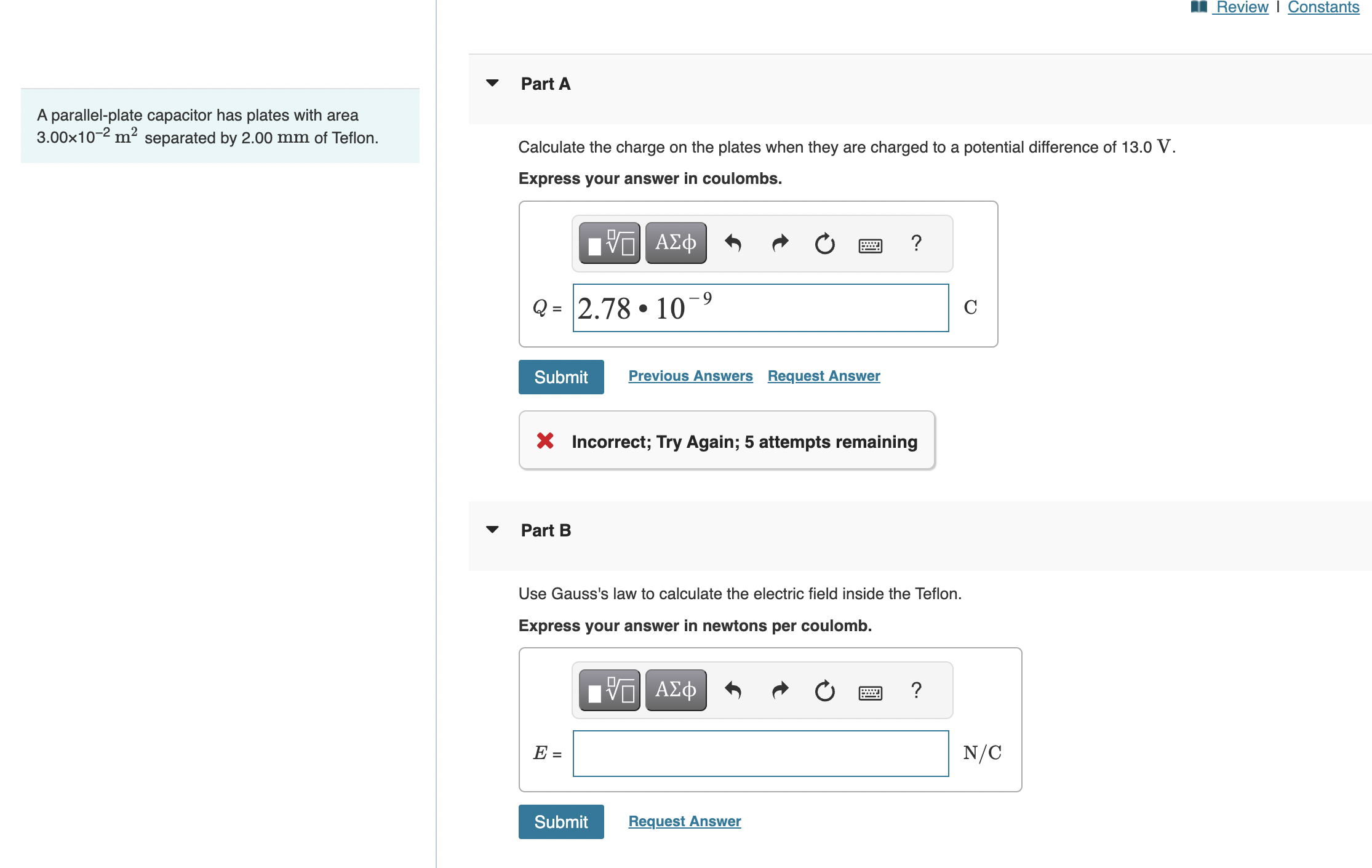Solved A parallelplate capacitor has plates with area