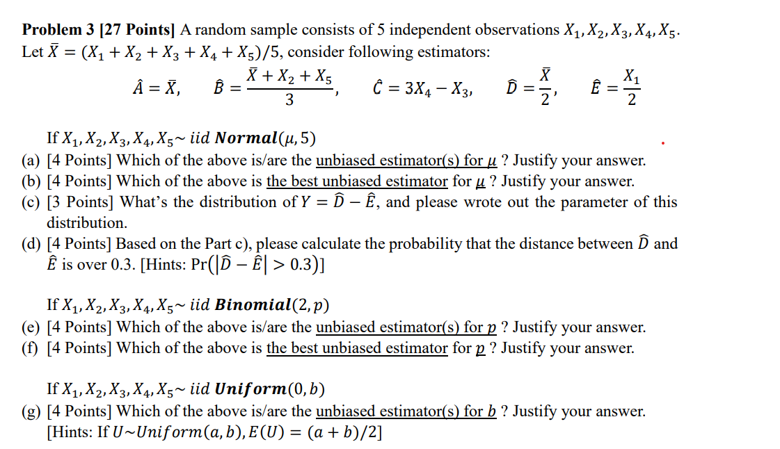 Solved Problem 3 [27 Points] A random sample consists of 5 | Chegg.com