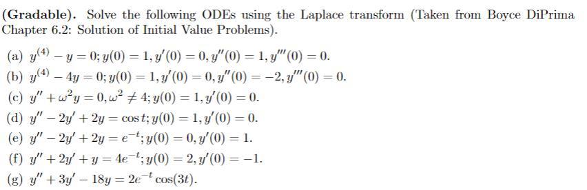 (Gradable). Solve the following ODEs using the Laplace transform (Taken from Boyce DiPrima Chapter 6.2: Solution of Initial V