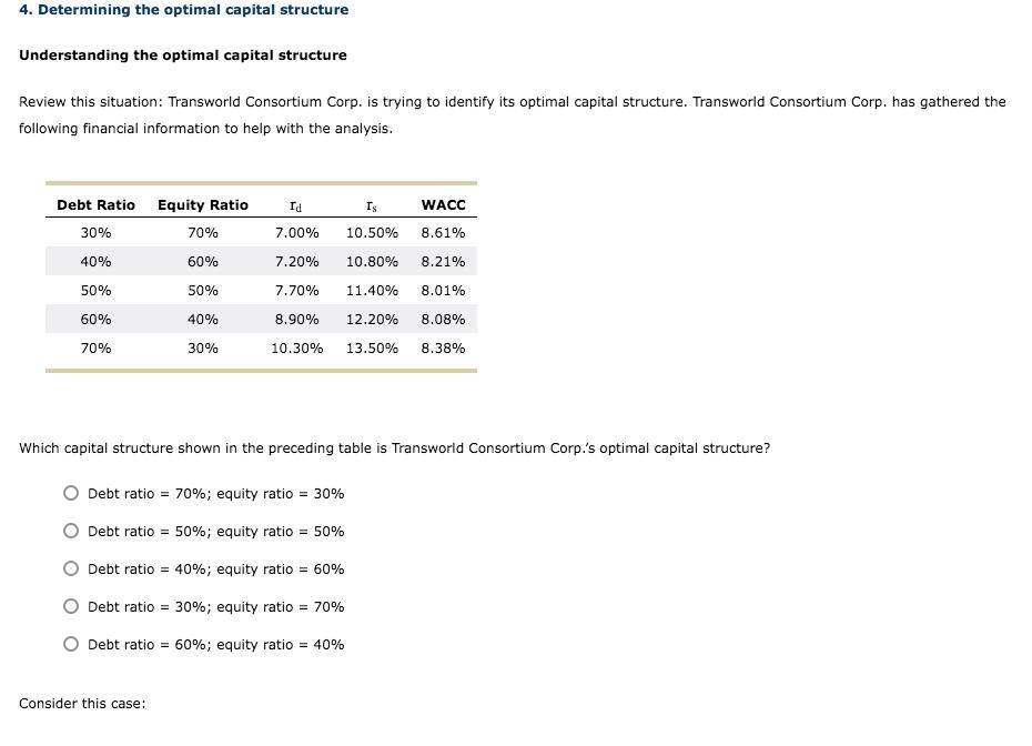 Solved 4. Determining The Optimal Capital Structure | Chegg.com