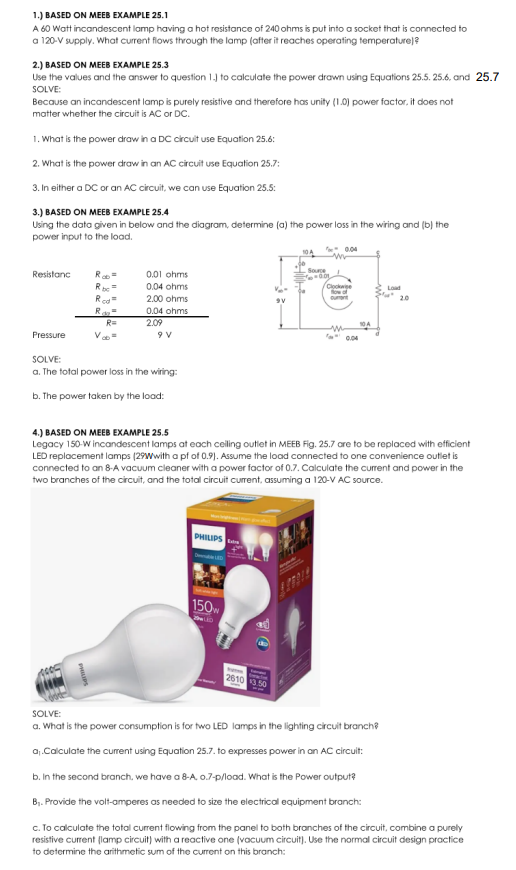Solved 1.) BASED ON MEEB EXAMPLE 25.1 A 60 Watt incandescent | Chegg.com