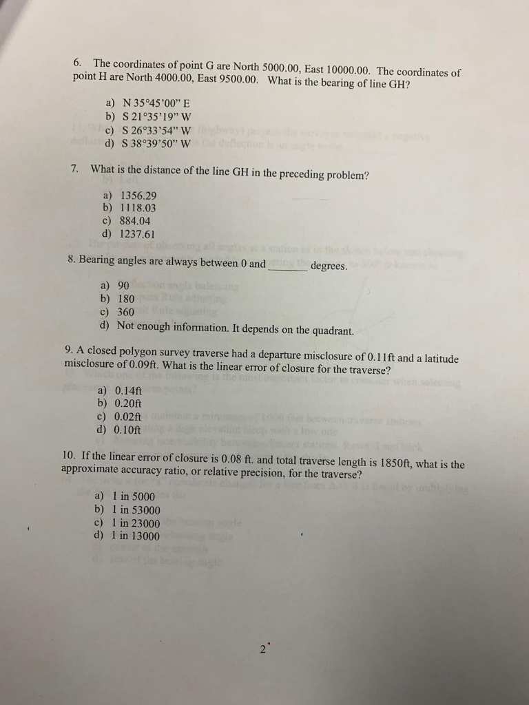 Solved 6. The coordinates of point G are North 5000.00, East | Chegg.com