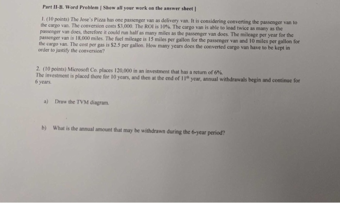 Solved Part II-B. Word Problem | Show all your work on the | Chegg.com