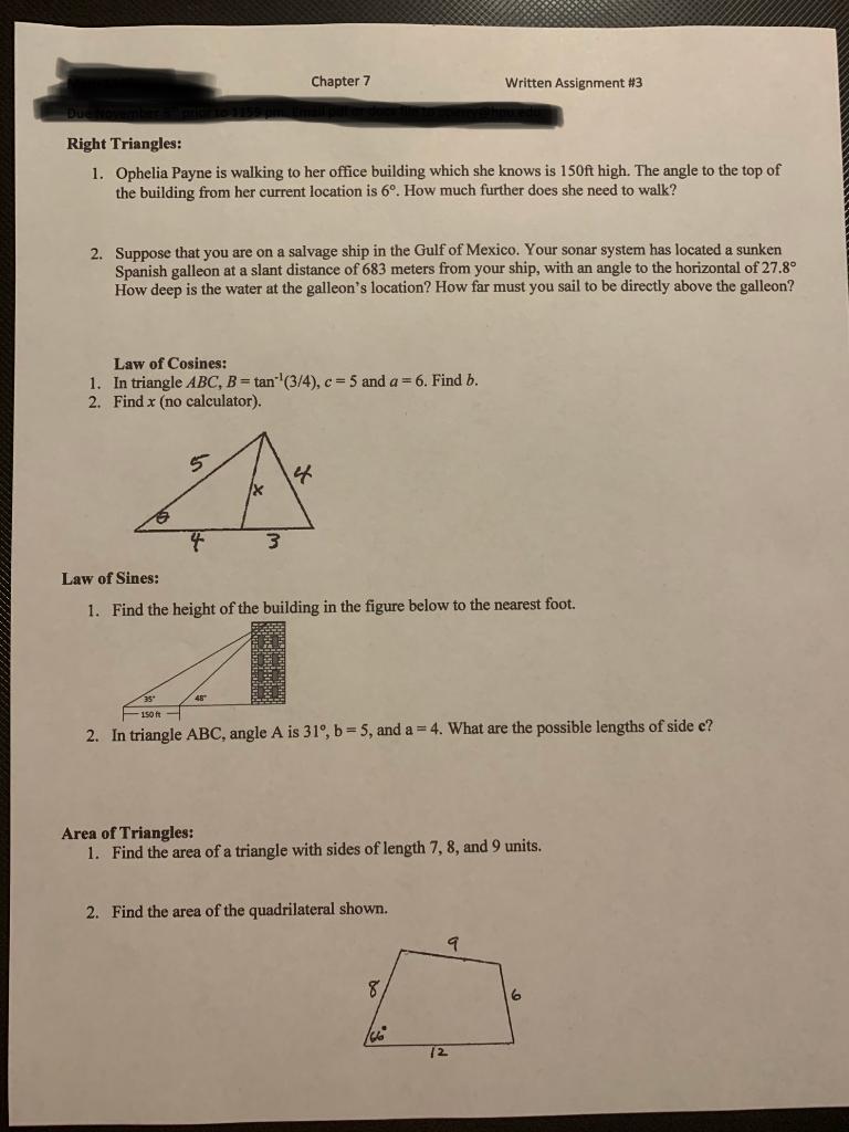 Solved Chapter 7 Written Assignment #3 Right Triangles: 1. | Chegg.com ...