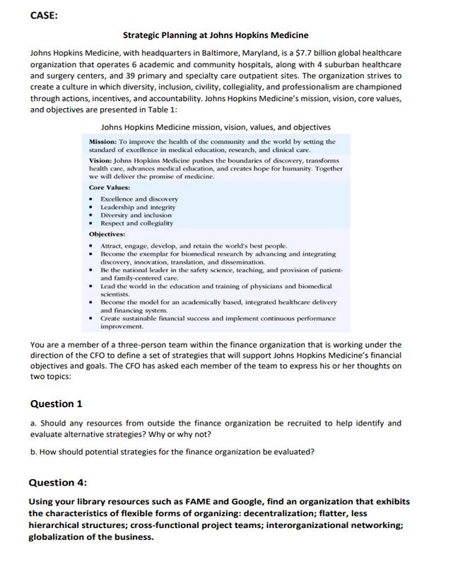 Solved Case Strategic Planning At Johns Hopkins Medicine 