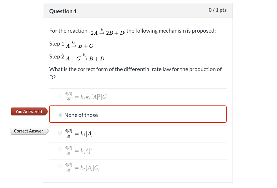 Solved Question 1 0/1 pts For the reaction , 2A 2B+ D, the | Chegg.com