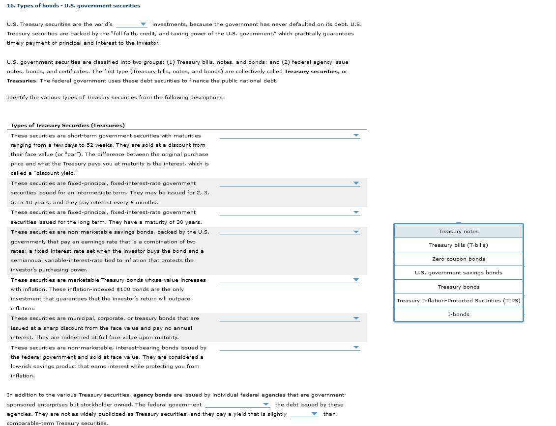 Solved 16. Types of bonds - U.S. government securities U.S. | Chegg.com