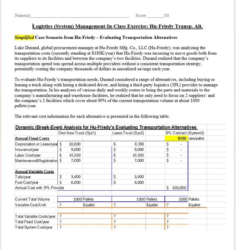 Solved Logistics (System) Management-In-Class Exercise: | Chegg.com