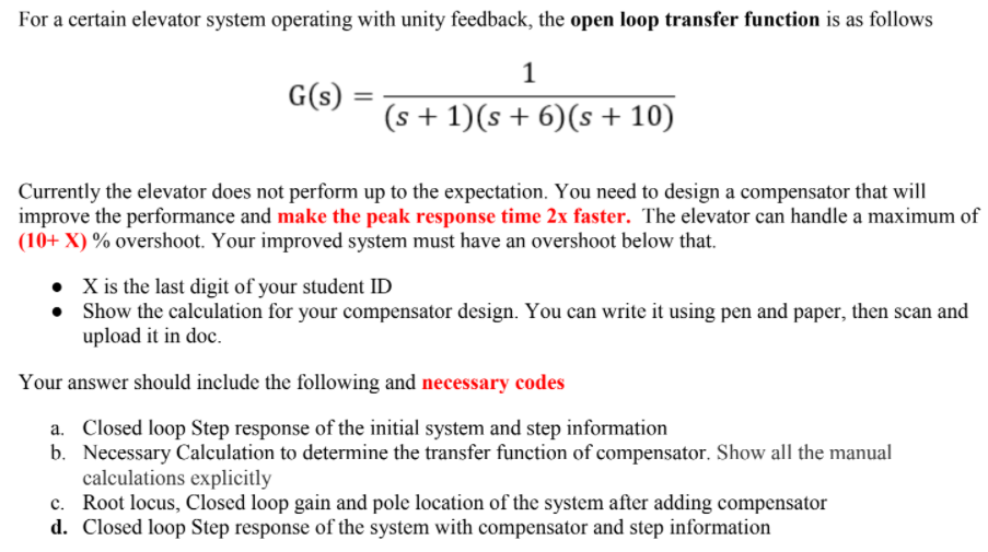 Solved For a certain elevator system operating with unity | Chegg.com