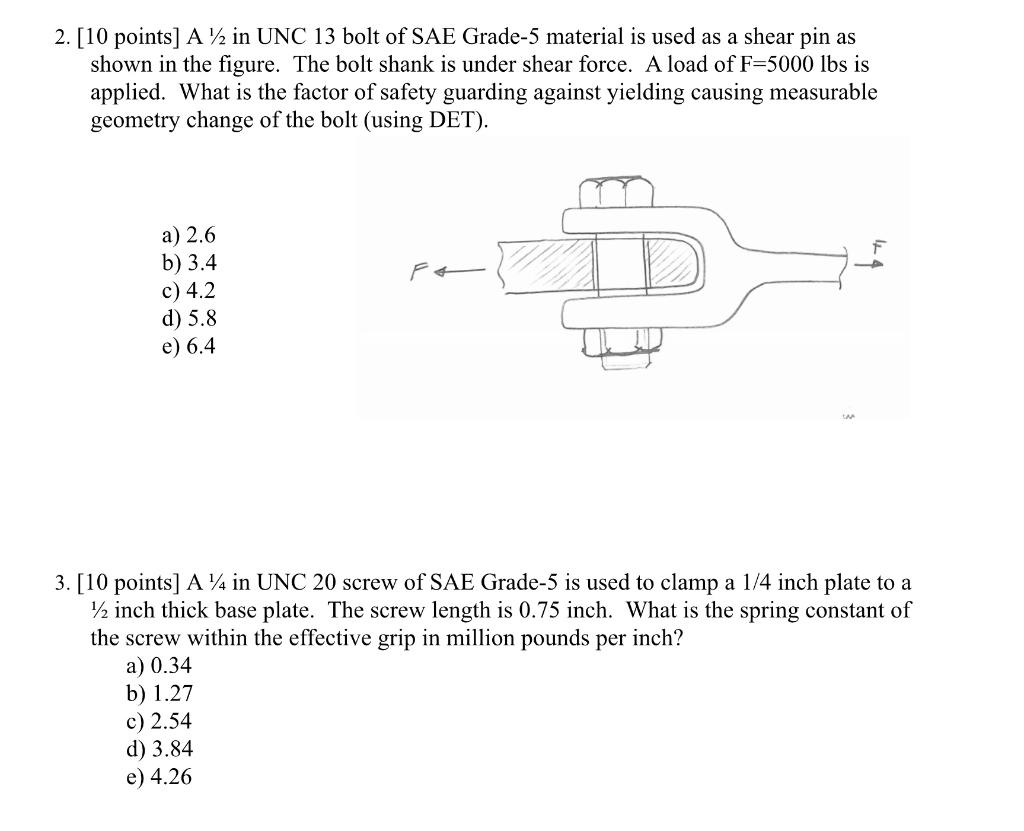Solved 2 10 Points A12 In UNC 13 Bolt Of SAE Grade 5 Chegg