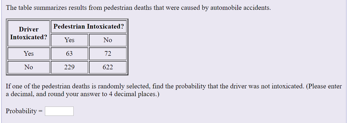 Solved The table summarizes results from pedestrian deaths | Chegg.com