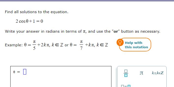 Solved Find all solutions to the equation. 2cosθ+1=0 Write | Chegg.com