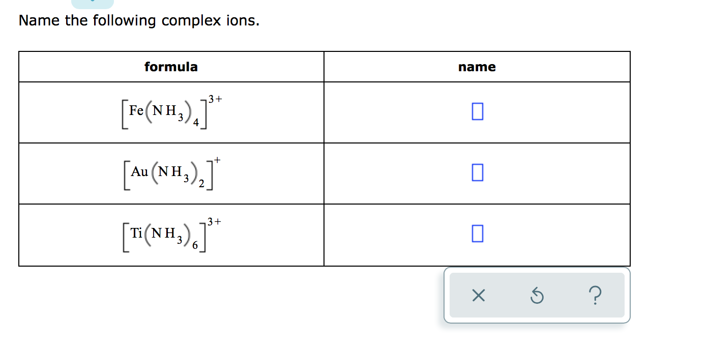 Solved Name the following complex ions. formula name | Chegg.com
