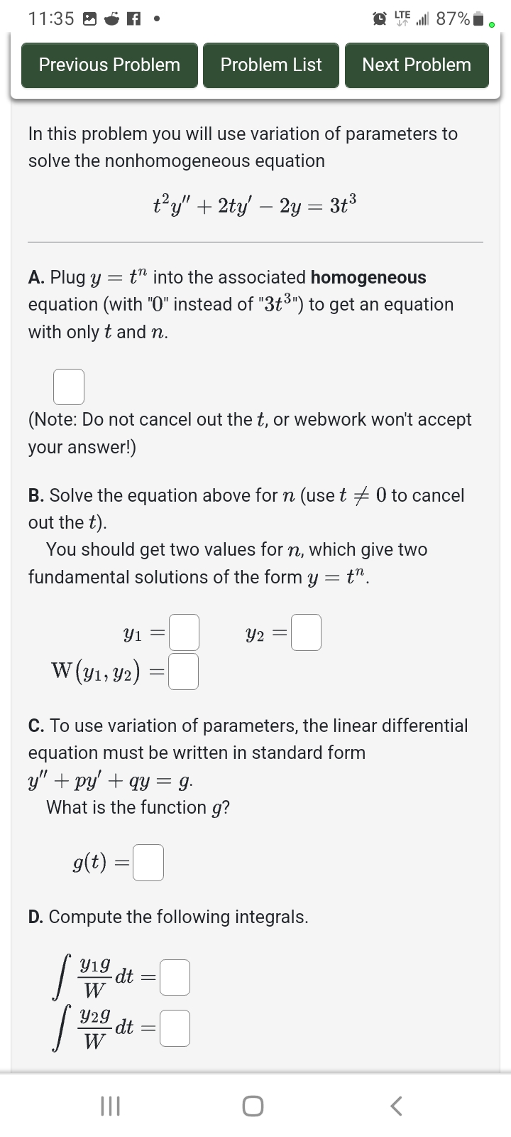 Solved In this problem you will use variation of parameters | Chegg.com