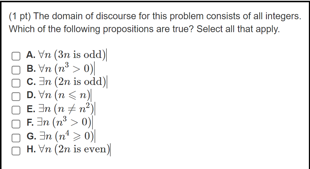 Solved (1 pt) The domain of discourse for this problem | Chegg.com