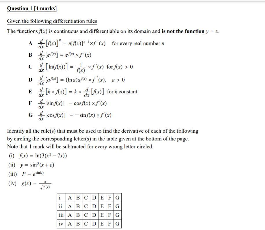 Solved Question 1 [4 Marks B D Dx Given The Following | Chegg.com