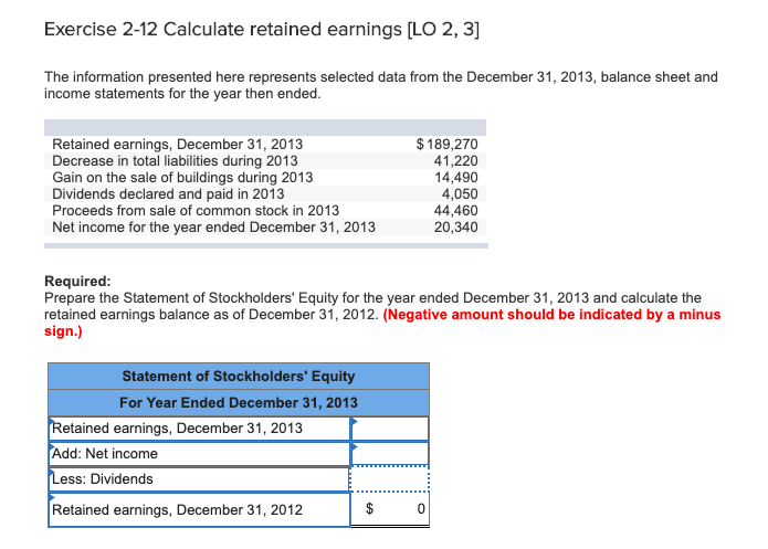 Solved Exercise 2-12 Calculate Retained Earnings [LO 2, 3] | Chegg.com