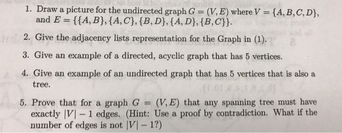 Solved 1. Draw a picture for the undirected graph G (V, E) | Chegg.com
