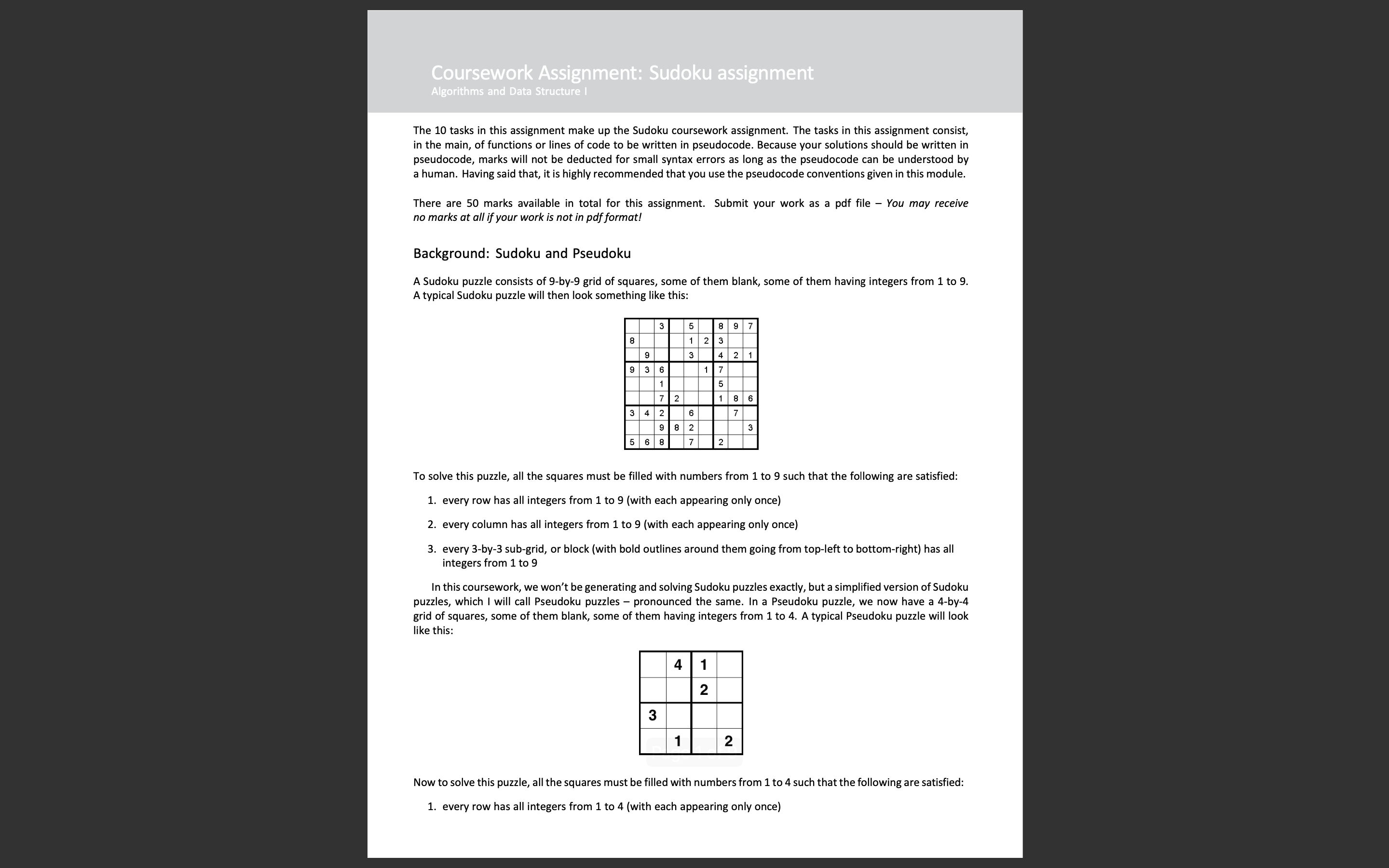 coursework assignment sudoku assignment