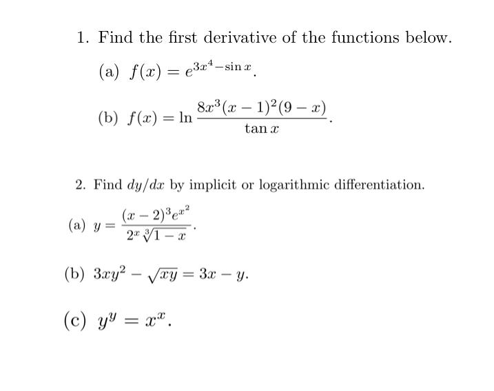 Solved 1 Find The First Derivative Of The Functions Below 6925