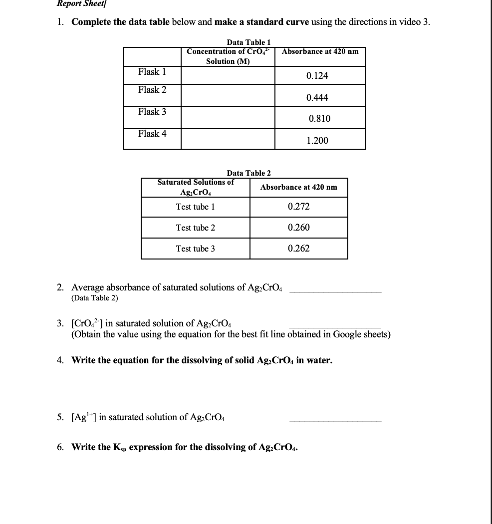 Solved Report Sheet/ 1. Complete the data table below and | Chegg.com