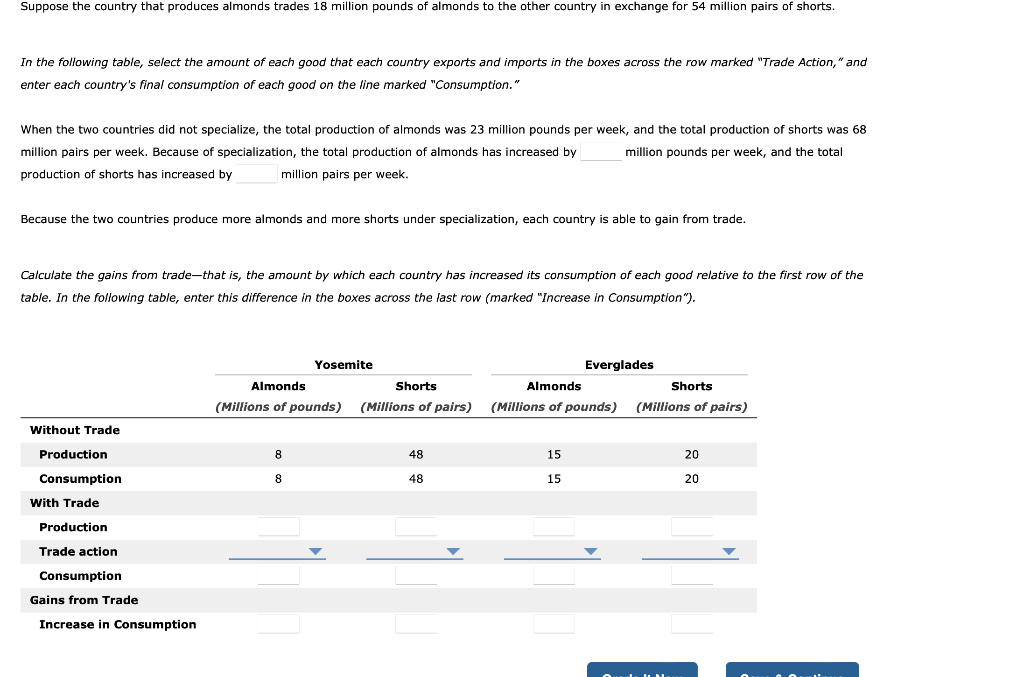 Suppose the country that produces almonds trades 18 million pounds of almonds to the other country in exchange for 54 million