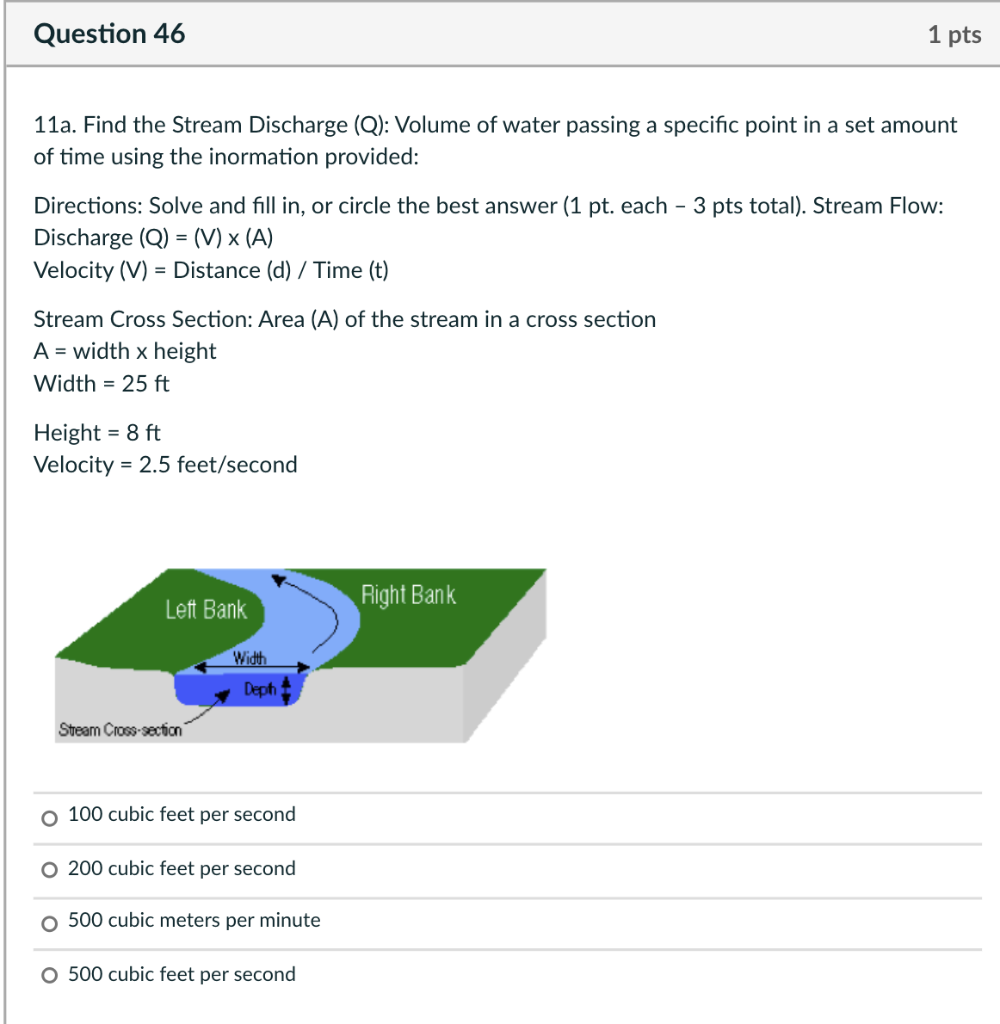 Solved Question 46 1 pts 11a. Find the Stream Discharge (Q): | Chegg.com