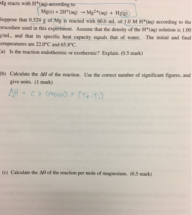 Solved Mg reacts with H^+ (aq) according to Mg(s) + 2H^+ | Chegg.com
