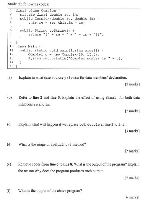 Solved что в СА Study the following codes: 1 final class | Chegg.com