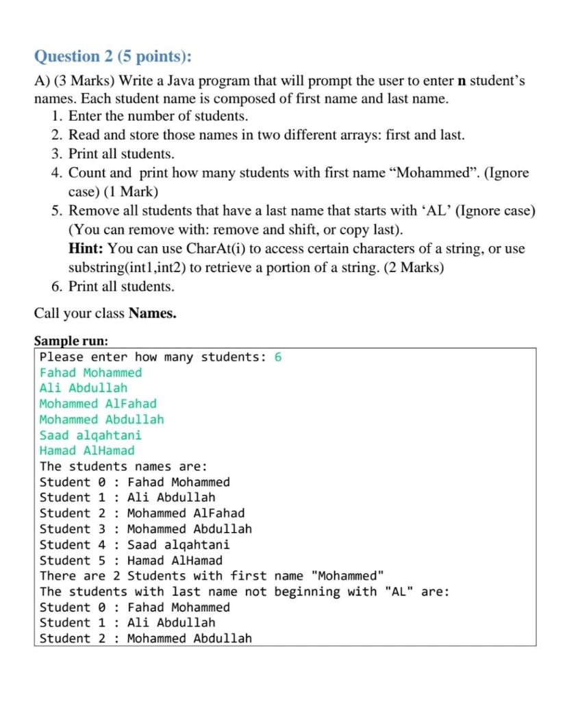 Solved Question 2 (5 points): A) (3 Marks) Write a Java | Chegg.com
