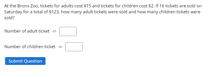 Solved At the Bronx Zoo, tickets for adults cost $15 and | Chegg.com
